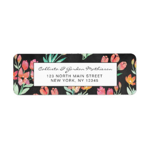 Modern Black Oranje Red Tulips Floral Waterverf Etiket