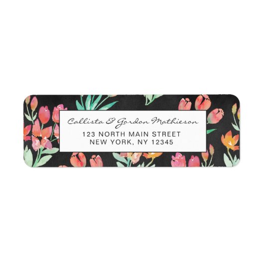 Modern Black Oranje Red Tulips Floral Waterverf Etiket (Voorkant)