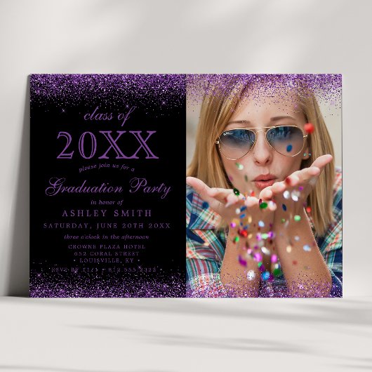 Modern Black Paars Glitter Photo Afstuderen Kaart
