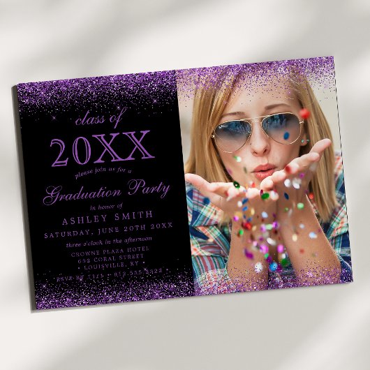 Modern Black Paars Glitter Photo Afstuderen Kaart