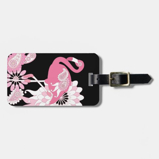 Modern Black Paisley Pink Flamingo Bagagelabel (Voorkant horizontaal)