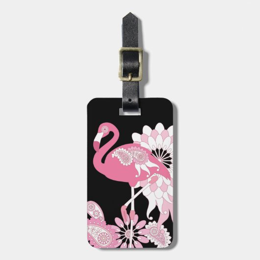 Modern Black Paisley Pink Flamingo Bagagelabel (Voorkant verticaal)