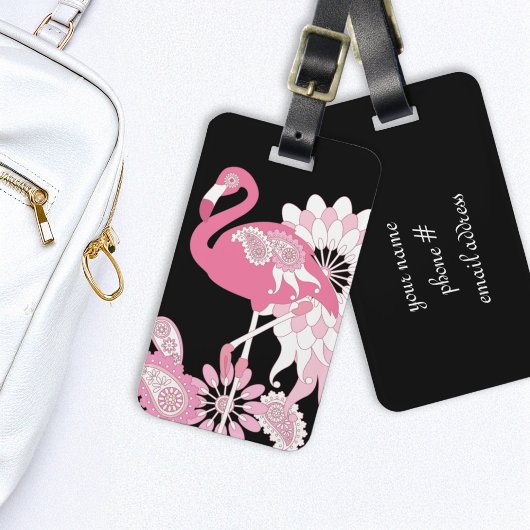 Modern Black Paisley Pink Flamingo Bagagelabel