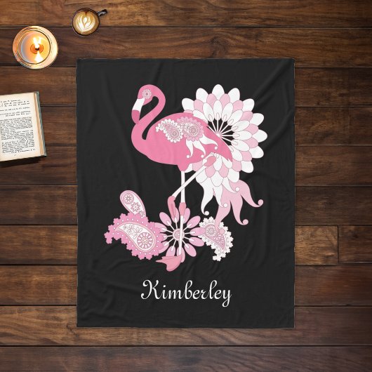 Modern Black Paisley Pink Flamingo Fleece Deken