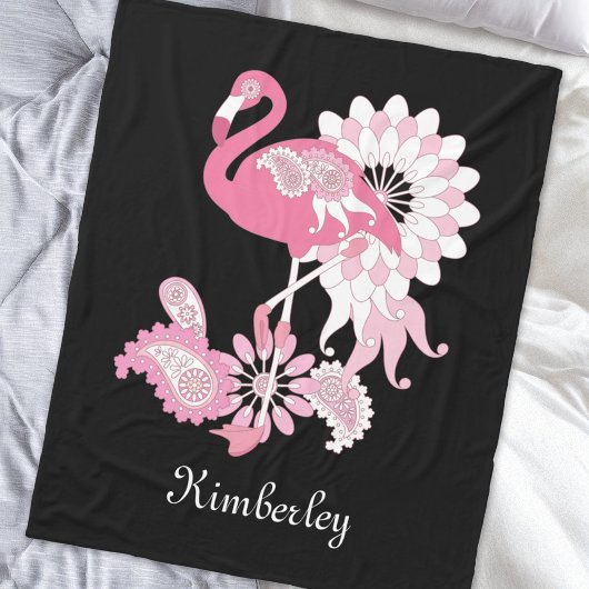 Modern Black Paisley Pink Flamingo Fleece Deken