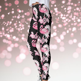 Modern Black Paisley Pink Flamingo Leggings