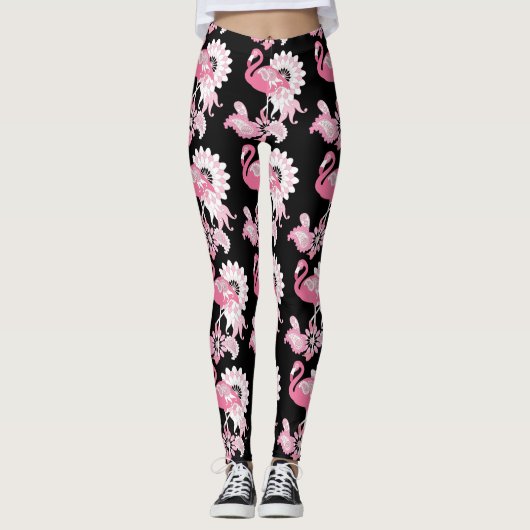 Modern Black Paisley Pink Flamingo Leggings (Voorkant)