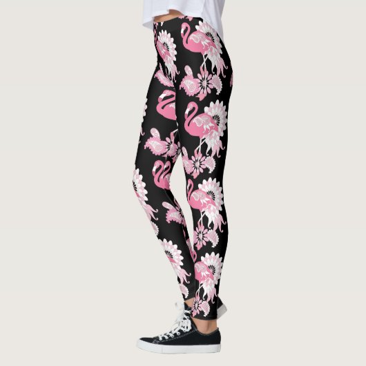Modern Black Paisley Pink Flamingo Leggings (Links)