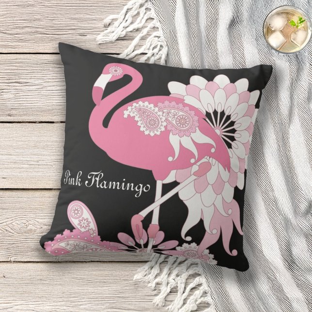 Modern Black Paisley Pink Flamingo Outdoor Buitenkussen (Creator heeft geüpload)