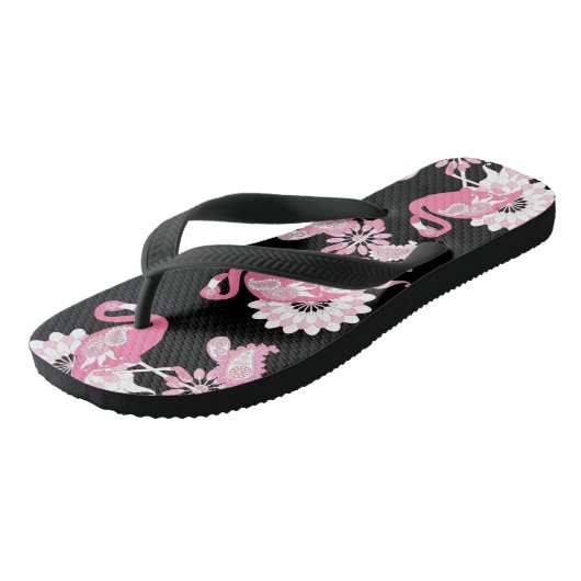 Modern Black Paisley Pink Flamingo Teenslippers (Schuin)
