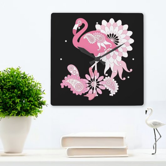 Modern Black Paisley Pink Flamingo Vierkante Klok