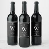 Modern Black Personalized Monogram and Name Wine L Wijn Etiket (Flessen)