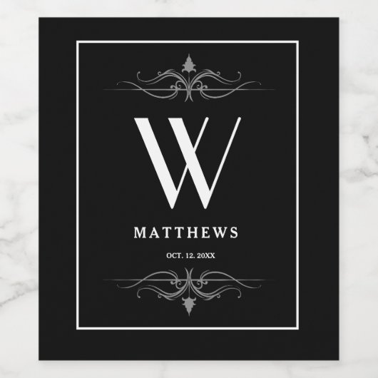 Modern Black Personalized Monogram and Name Wine L Wijn Etiket (Enkel label)