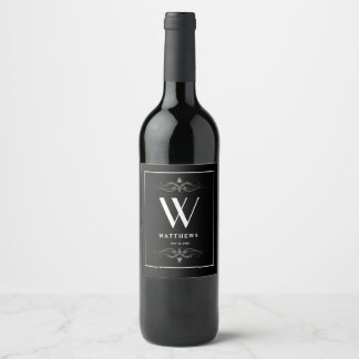 Modern Black Personalized Monogram and Name Wine L Wijn Etiket