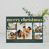 Modern Black Photo Collage Minimal Green Christmas Folie Feestdagenkaart (Staand Voorkant)