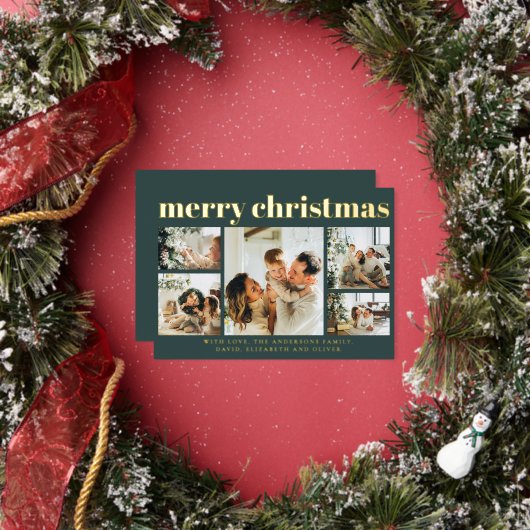 Modern Black Photo Collage Minimal Green Christmas Folie Feestdagenkaart (Insitu)