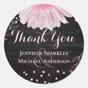 Modern Black Pink Daisy Wedding Ronde Sticker