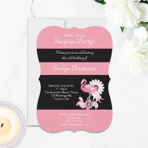 Modern Black Pink Flamingo Surprise Birthday Kaart