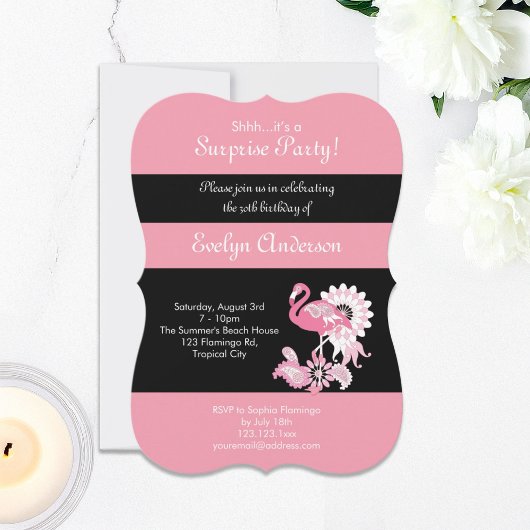 Modern Black Pink Flamingo Surprise Birthday Kaart