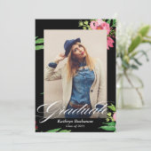 Modern Black Pink Floral Photo Graduparty Kaart (Staand voorkant)