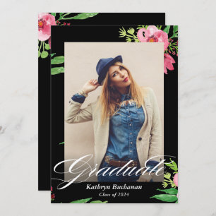 Modern Black Pink Floral Photo Graduparty Kaart
