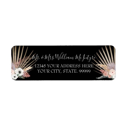Modern Black Pink Floral Tropical Palm Wedding Etiket (Voorkant)