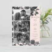 Modern Black Pink Floral Waterverf Foto bruiloft Save The Date (Staand voorkant)