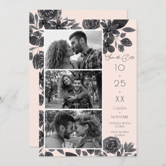 Modern Black Pink Floral Waterverf Foto bruiloft Save The Date (Voorkant / Achterkant)