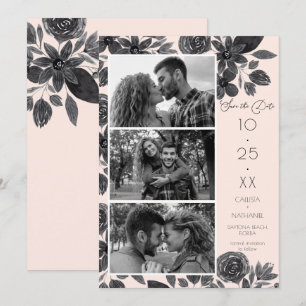 Modern Black Pink Floral Waterverf Foto bruiloft Save The Date