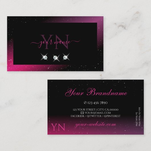 Modern Black Pink Paars Sparkle Diamonds Monogram Visitekaartje (Voorkant / Achterkant)