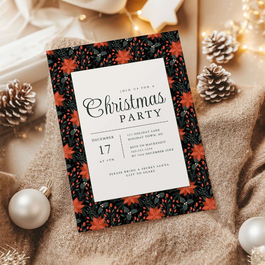 Modern Black Poinsettia Christmas Party Invitation Kaart