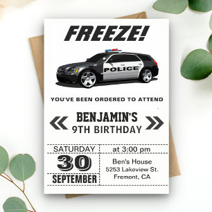 Modern Black Police Car Birthday Party Invitation Kaart