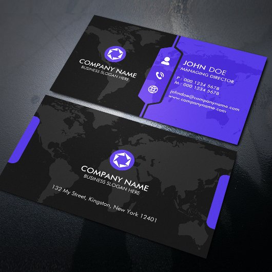 Modern Black & Purple World Map Corporate Visitekaartje