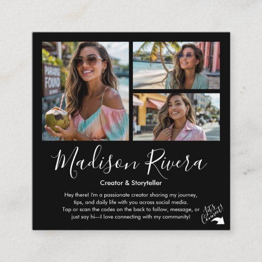 Modern Black QR Code Photo Grid Content Creator Vierkante Visitekaartje (Voorkant)