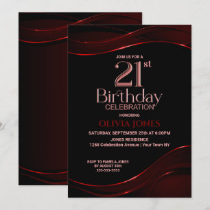 Modern Black Red 21st Birthday Party Kaart