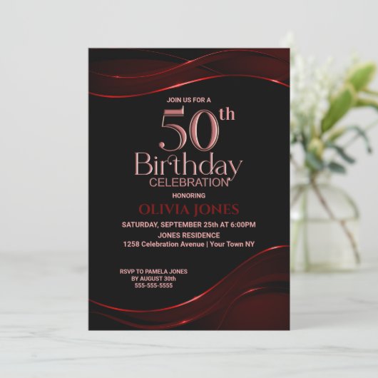 Modern Black Red 50th Birthday Party Kaart (Staand voorkant)