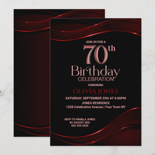 Modern Black Red 70th Birthday Party Kaart (Voorkant / Achterkant)