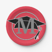 Modern Black Red Afstuderen Monogram Initiaal Papieren Bordje (Voorkant)