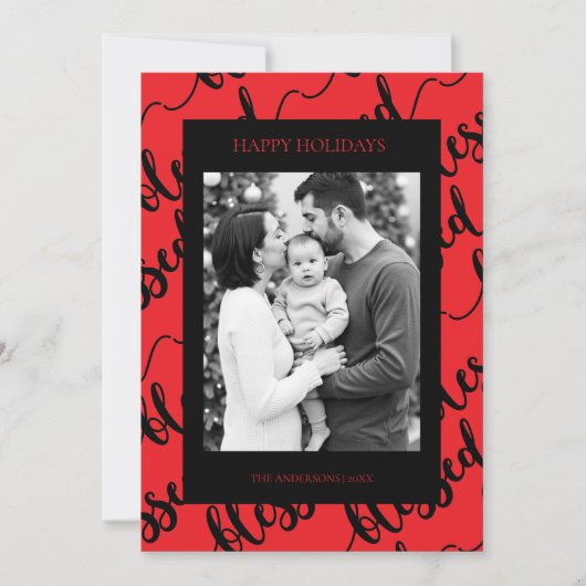 Modern Black & Red “Blessed” Script Photo Feestdagenkaart (Voorkant)