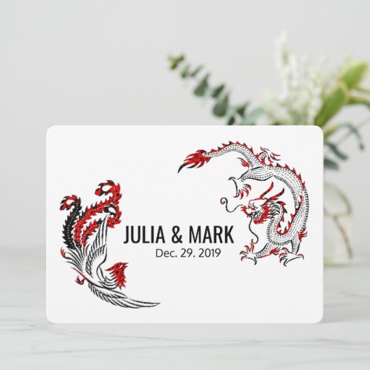 Modern Black Red Dragon-Phoenix Chinese Wedding Kaart (Staand voorkant)