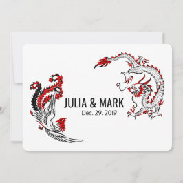 Modern Black Red Dragon-Phoenix Chinese Wedding Kaart