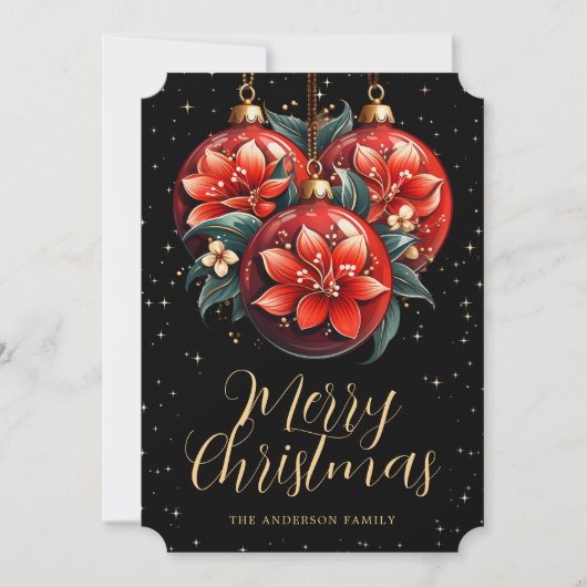 Modern Black Red Floral Ornaments Christmas Card Feestdagenkaart (Voorkant)