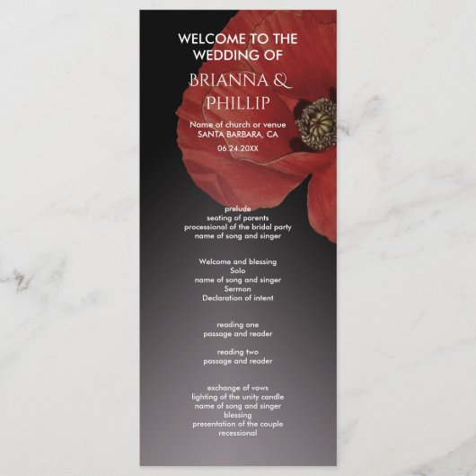 Modern Black Red Poppy Floral Wedding Programme Programmakaart (Voorkant)