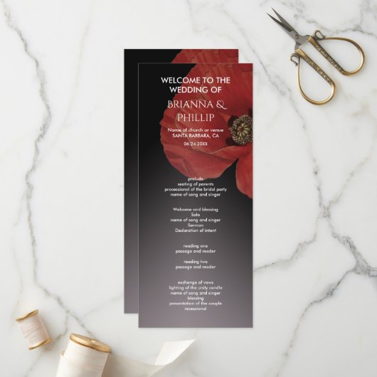 Modern Black Red Poppy Floral Wedding Programme Programmakaart (Voorkant / Achterkant in situ)