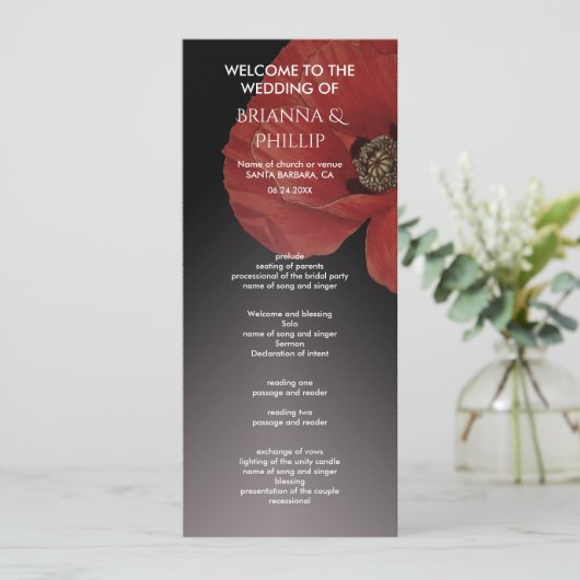 Modern Black Red Poppy Floral Wedding Programme Programmakaart (Staand voorkant)