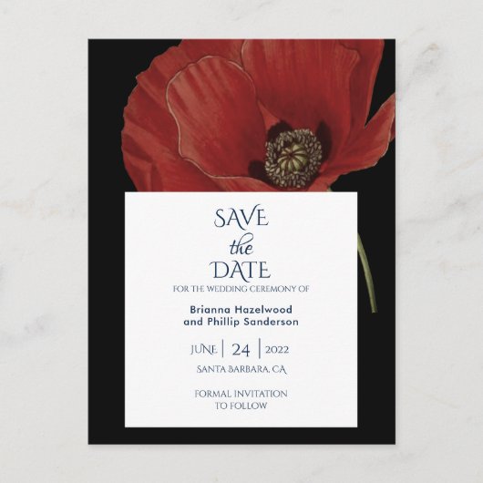 Modern Black Red Poppy Wedding Save the Date Aankondigingskaart (Voorkant)