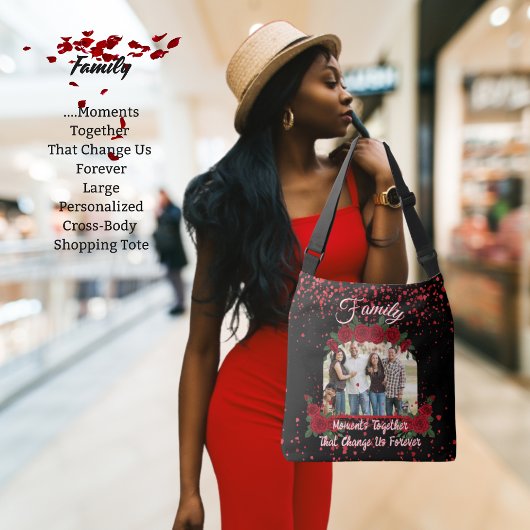 Modern Black Red Roses Family Photo Quote Floral Crossbody Tas