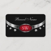 Modern Black Red Silver met monogram en diamanten Visitekaartje (Voorkant)