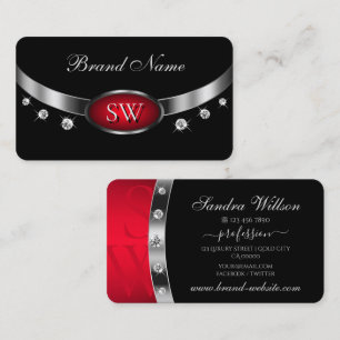 Modern Black Red Silver met monogram en diamanten Visitekaartje