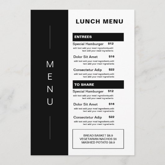 Modern Black Restaurant Lunch Menu | Prijslijst (Voorkant)